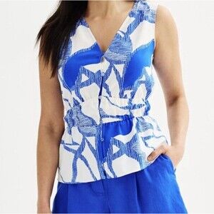 Nine West Women's Blue White Sleeveless Blouse Button Up Elastic Waist XL New